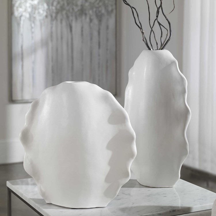 RUFFLED FEATHERS VASES WHITE SET/2