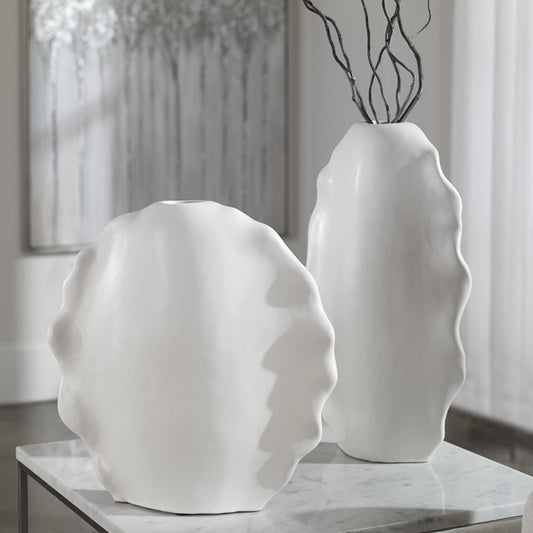 RUFFLED FEATHERS VASES WHITE SET/2